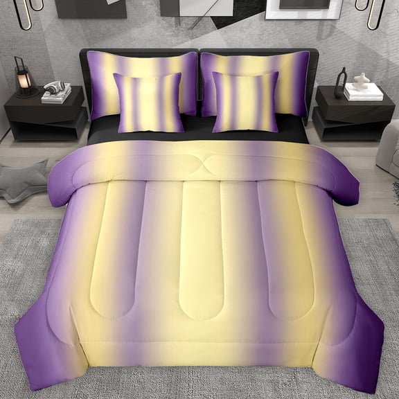 Homewish Wave Striped Lines 7 Pieces Bedding Comforter Set,Modern Abztract Geometric Full Bedding Set,Purple Yellow Fitted Sheet Flat Sheet For Teens,Super Cozy Room Decor Reversible