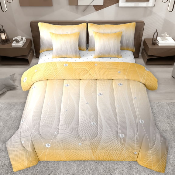 Homewish Wave Striped Lines 7 Pieces Bedding Comforter Set,Modern Abztract Geometric Full Bedding Set,Yellow Gray Fitted Sheet Flat Sheet For Teens,Super Cozy Room Decor Reversible