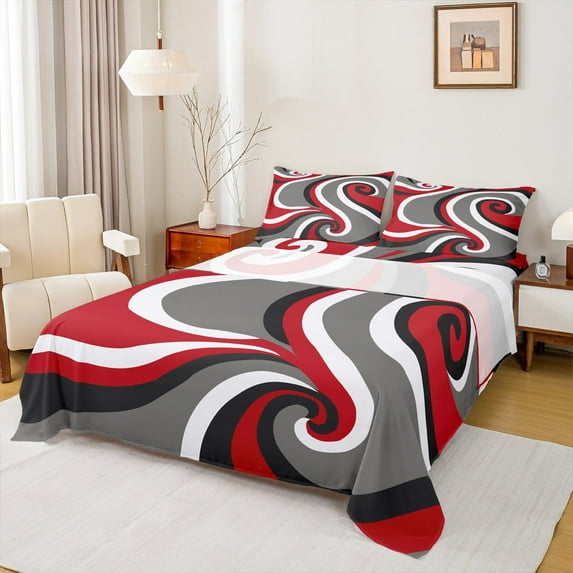 Homewish Wave Striped Lines Full Size Sheets,Bohemain Geometric Bed Sheets,Red Gray Black Sheet Sets For Teens,Super Cozy Room Decor,4-Piece