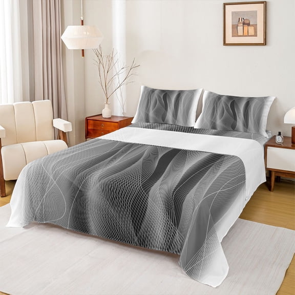 Homewish Wave Striped Lines Twin Sheet Sets,Modern Abztract Geometric Twin Fitted Sheet,Gray Black White Flat Sheet For Teens,Super Cozy Room Decor,3 Pieces