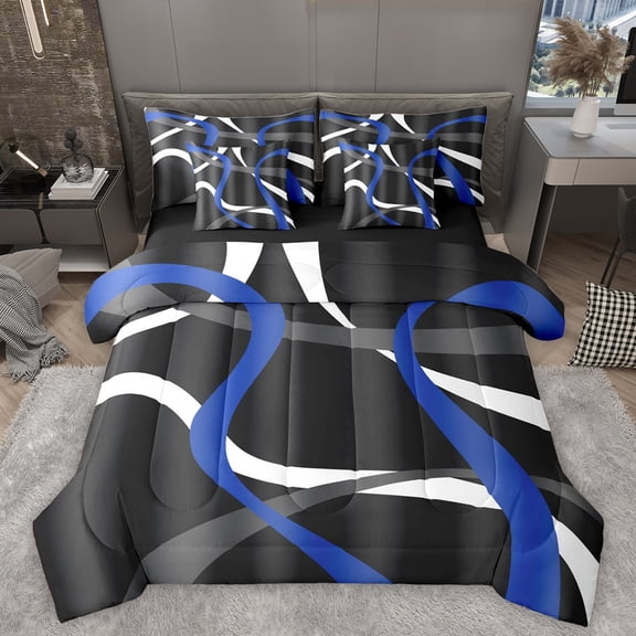 Homewish Wave Stripes Lines 7-Piece Bedding Comforter Set,Modern Geometric Desgin King Bedding Sets,Blue White Gray Bed Sheets For Boys Teens,Ultra Soft Home Decor Reversible