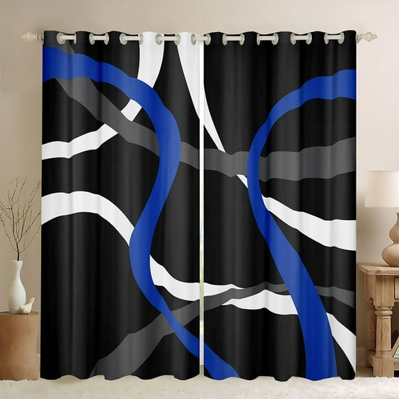 Homewish Wave Stripes Lines Curtains Pack of 2 (42x84 Each),Modern Geometric Desgin Curtains Blackout,Blue White Gray Bedroom Curtains For Boys Teens,Ultra Soft Home Decor
