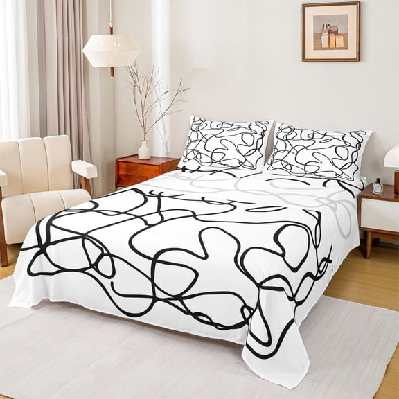 Homewish Waves Striped Bed Sheets,Abstract Geometric Lines King Sheets,White Black Sheet Set For Kids,Super Cozy Room Decor,4pcs