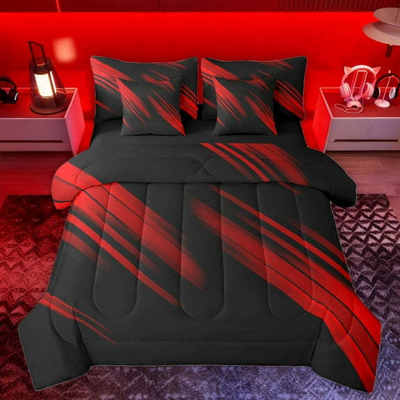 Homewish Waves Stripes 7-Piece Bedding Comforter Set,Modern Asbtarct Geometric King Bedding Sets,Red Black Bed Sheets For Girl Boys,Ultra Soft Home Decor Reversible