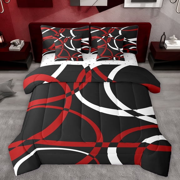 Homewish Waves Stripes 7-Piece Bedding Comforter Set,Modern Asbtarct Geometric King Bedding Sets,Red Black White Bed Sheets For Girl Boys,Ultra Soft Home Decor