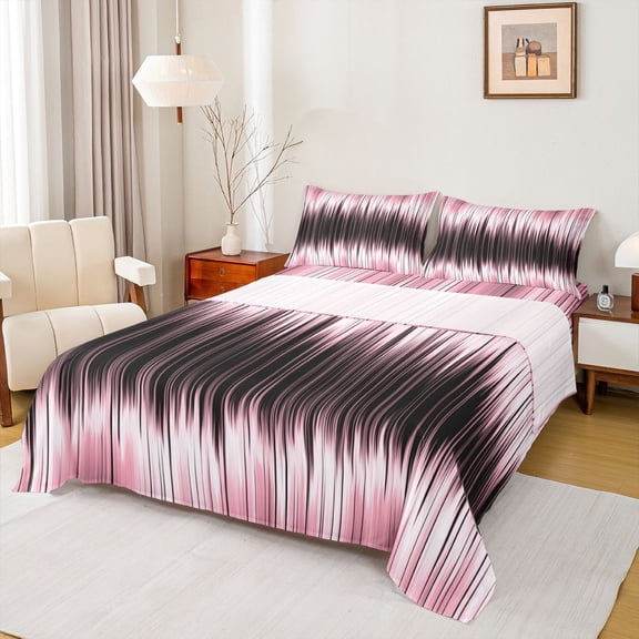 Homewish Waves Stripes Full Size Sheets,Modern Asbtarct Geometric Bed Sheets,Pink Black White Sheet Sets For Girl Boys,Ultra Soft Home Decor,4-Piece