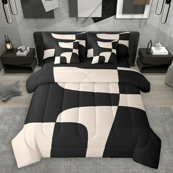 Homewish Wblack Brown Lines 7-Piece Twin Bedding Sets,Modern Asbtract Geometric Bedding Comforter Set,Minimalism Style Sheet Sets For Men Women,Super Cozy Room Decor Reversible