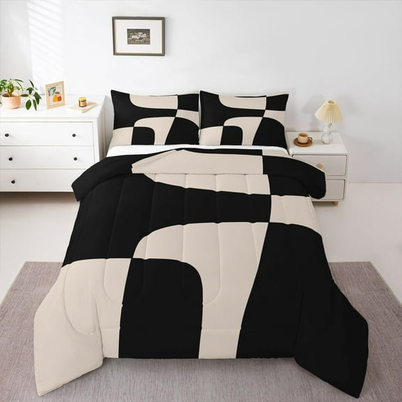 Homewish Wblack Brown Lines Bedding Comforter Set,Modern Asbtract Geometric Twin Comforter Sets,Minimalism Style Bedding Set For Men Women,Super Cozy Room Decor Reversible,2pcs