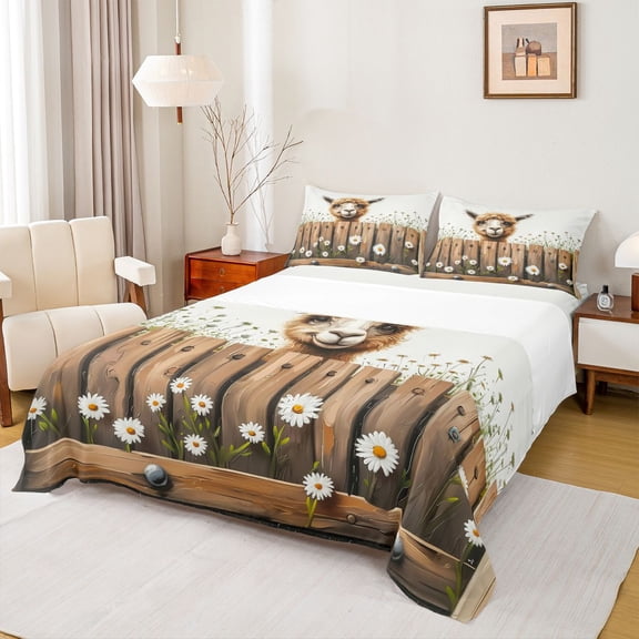 Homewish Western Alpaca Child Twin Sheet Sets, Rustic Farmhouse Animal Twin Fitted Sheet, Groovy Daisy Floral Flat Sheet, Luxury Bedroom Decor, 3 Pieces