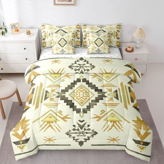 Homewish Western Aztec Bedding Comforter Set 7-Piece, Triangle Stripes Abstract King Bedding Sets, Rustic Farmhouse Reversible Bed Sheets, Breathable Home Decor