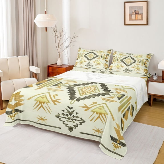 Homewish Western Aztec Twin Sheet Sets, Triangle Stripes Abstract Twin Fitted Sheet, Rustic Farmhouse Flat Sheet, Breathable Home Decor, 3 Pieces