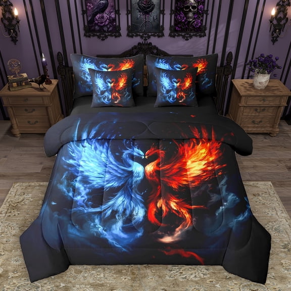 Homewish Western Bird 7-Piece Bedding Comforter Set,Flying Animal King Bedding Sets,Blue Orange Black Bed Sheets For Teens,Microfiber Bedroom Decor Reversible