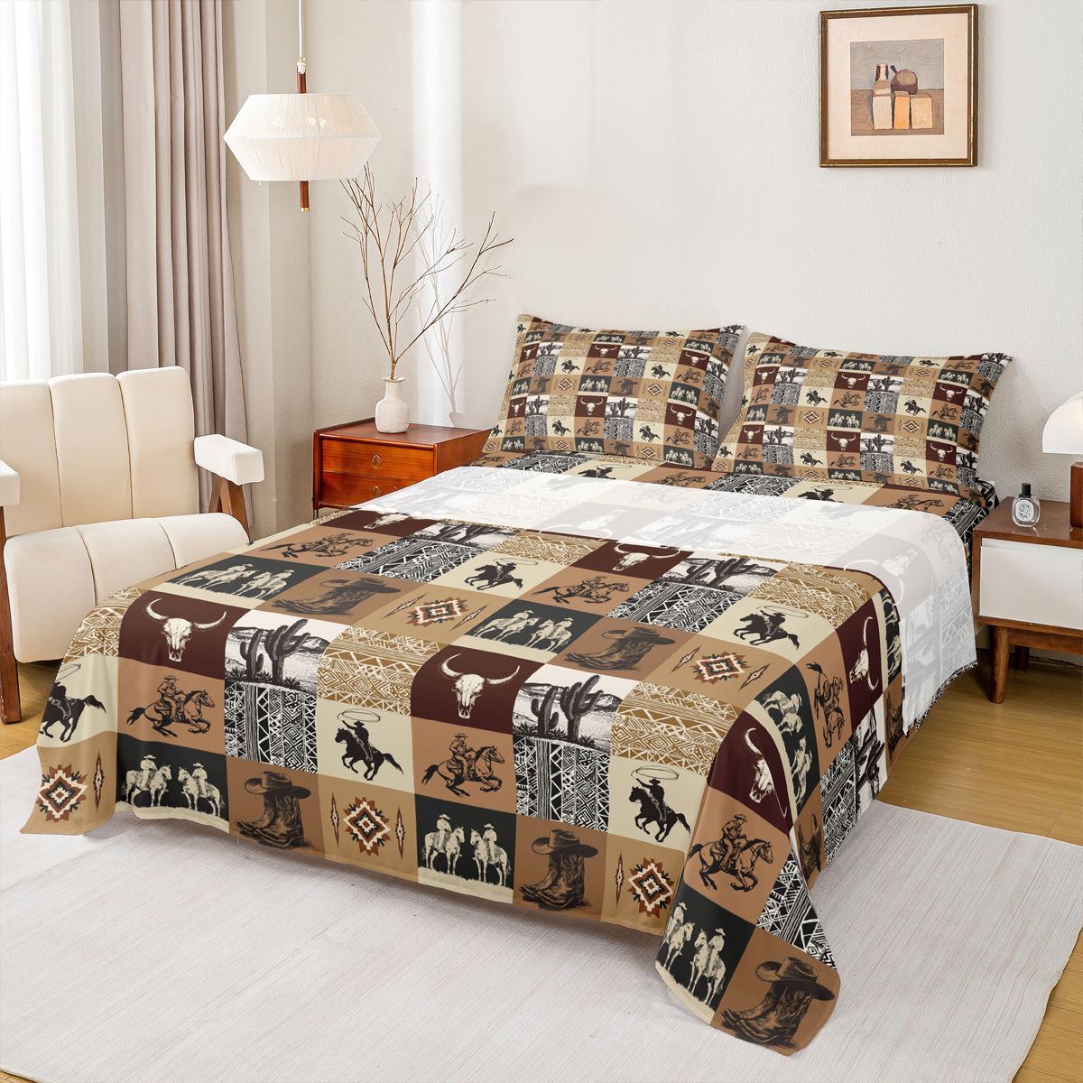 Homewish Western Bohemian Aztec Full Size Sheets, Rustic Skeleton Horse ...