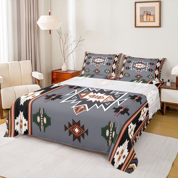 Homewish Western Boho Aztec Bed Sheets for Men, Rustic Mandala Hippie King Sheets, Grey Black Abstract Sheet Set, Super Cozy Room Decor, 4pcs