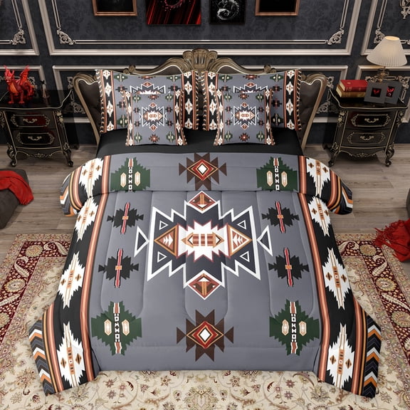 Homewish Western Boho Aztec Bedding Comforter Set 7pcs for Men, Rustic Mandala Hippie King Bedding Sets, Grey Black Abstract Reversible Bed Sheets, Super Cozy Room Decor