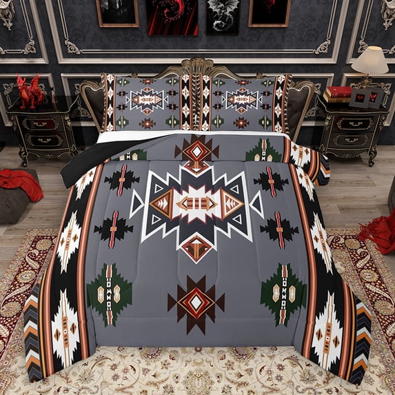 Homewish Western Boho Aztec Bedding Comforter Set for Men, Rustic Mandala Hippie Twin Comforter Sets, Grey Black Abstract Reversible Bedding Set, Super Cozy Room Decor, 2pcs