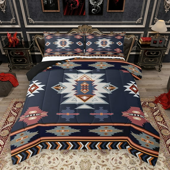 Homewish Western Boho Aztec Bedding Comforter Set for Men, Rustic Mandala Hippie Twin Comforter Sets, Navy Brown Abstract Reversible Bedding Set, Super Cozy Room Decor, 2 Pieces
