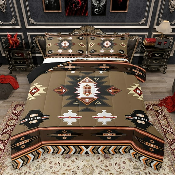 Homewish Western Boho Aztec Queen Comforter Set for Men, Rustic Mandala Hippie Bedding Sets, Brown Abstract Reversible Bedding Comforter Set, Lightweight Room Decor, 3-Piece