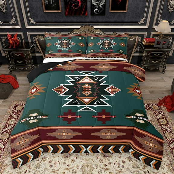 Homewish Western Boho Aztec Queen Comforter Set for Men, Rustic Mandala Hippie Bedding Sets, Dark Green Abstract Reversible Bedding Comforter Set, Super Cozy Room Decor, 3pcs