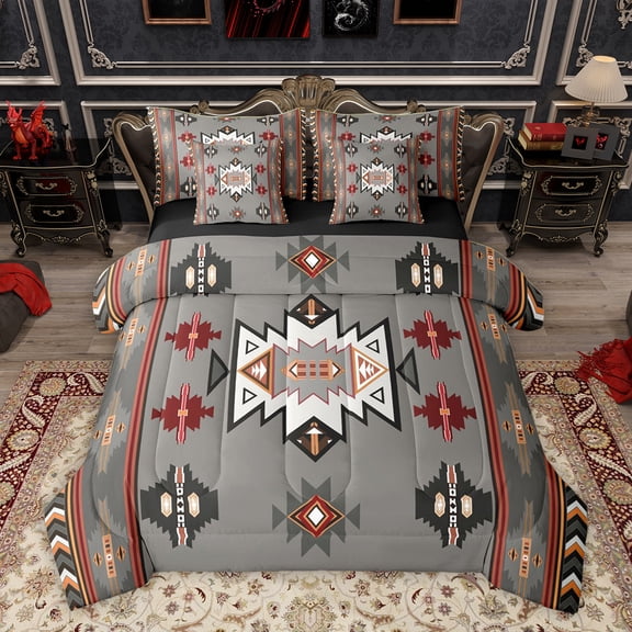 Homewish Western Boho Aztec Twin Bedding Sets 7-Piece for Men, Rustic Mandala Hippie Bedding Comforter Set, Grey Brown Abstract Reversible Sheet Sets, Super Cozy Room Decor