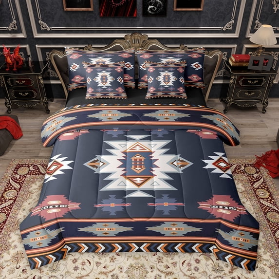 Homewish Western Boho Aztec Twin Bedding Sets 7-Piece for Men, Rustic Mandala Hippie Bedding Comforter Set, Navy Brown Abstract Reversible Sheet Sets, Super Cozy Room Decor