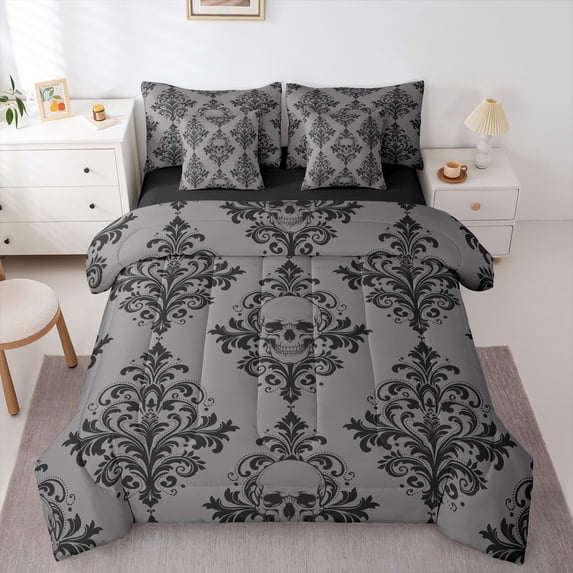 Homewish Western Boho Skull 7pcs Queen Bedding,Victorian Damask Bedding Comforter Set Queen,Halloween Bed Set,Black Reversible