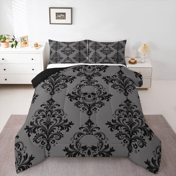 Homewish Western Boho Skull Queen Comforter Set,Victorian Damask Comforter Sets Queen,Halloween Duvet,Black Reversible,3 Pieces,1 Comforter and 2 Pillowcases