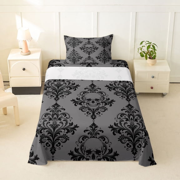 Homewish Western Boho Skull Twin Sheets,Victorian Damask Bedding,Halloween Bed Set,3pcs,1 Fitted Sheet and 1 Pillowcase
