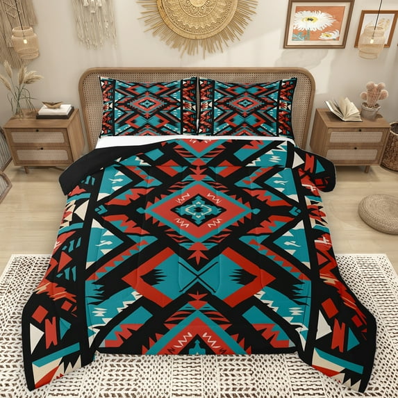 Homewish Western Boho Tribal Queen Comforter Set,Abstract Geometric Desgin Bedding Sets,Red Cyan Black Bedding Comforter Set For Girls Boys,Microfiber Bedroom Decor Reversible,3-Piece