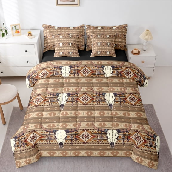 Homewish Western Bull Skull 7-Piece Bedding Comforter Set For Boys Girls,Tribal Aztec King Bedding Sets,Bohemian Hippie Theme Ultra Soft Bed Sheets,Super Cozy Room Decor,Reversible
