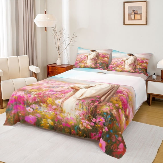 Homewish Western Christian Bible Twin Sheet Sets for Teens, Pink Rustic Groovy Twin Fitted Sheet, Kawaii Rustic Sheep Flat Sheet, Super Cozy Room Decor, 3-Piece