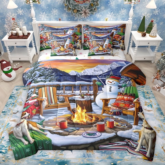 Homewish Western Christmas Holiday Bedding Comforter Set 7 Pieces, Kawaii Snowman Dog Full Bedding Set, Winter Snow Mountain Reversible Fitted Sheet Flat Sheet, Breathable Home Decor