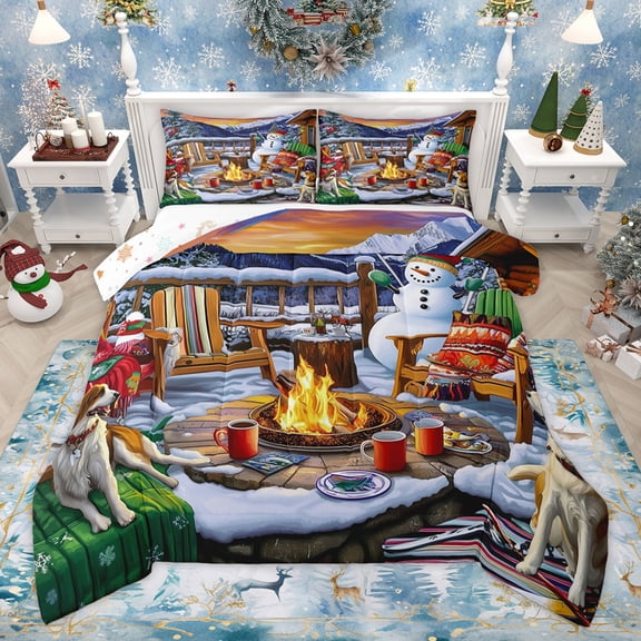 Homewish Western Christmas Holiday Queen Comforter Set, Kawaii Snowman Dog Bedding Sets, Winter Snow Mountain Reversible Bedding Comforter Set, Breathable Home Decor, 3pcs