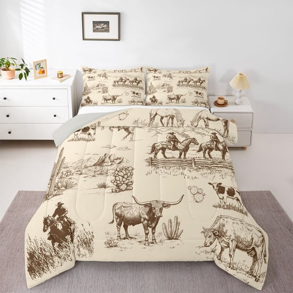 Homewish Western Cowboy 2pcs Bedding Comforter Set for Female Men,Farmhouse Horse Cow Twin Comforter Sets,Retro Vintage Breathable Bedding Set,Microfiber Bedroom Decor,Reversible