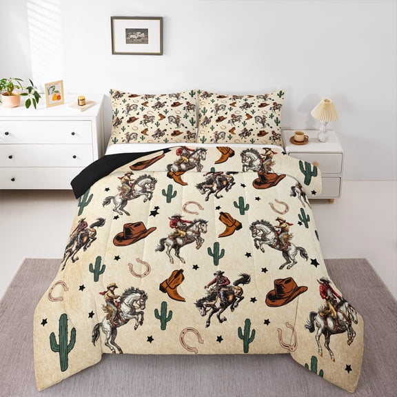 Homewish Western Cowboy 3 Pieces Queen Comforter Set for Female Men,Cactus Horseshoe Ultra Soft Bedding Sets,Rustic Farmhouse Bedding Comforter Set,Microfiber Bedroom Decor,Reversible