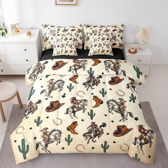 Homewish Western Cowboy 7-Piece Twin Bedding Sets for Female Men,Cactus Horseshoe Bedding Comforter Set,Rustic Farmhouse Breathable Sheet Sets,Microfiber Bedroom Decor,Reversible