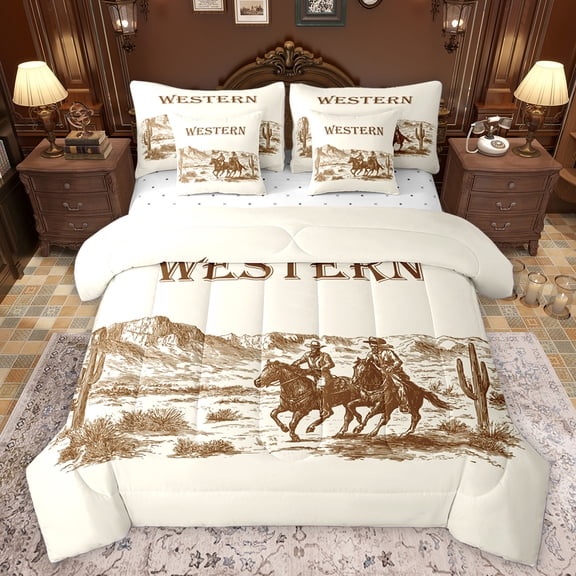Homewish Western Cowboy 7pcs Bedding Comforter Set,Rustic Southwestern Tribal Queen Bedding Sets,Tropical Plant Cactus Queen Sheet Sets For Girls Kids,Microfiber Bedroom Decor