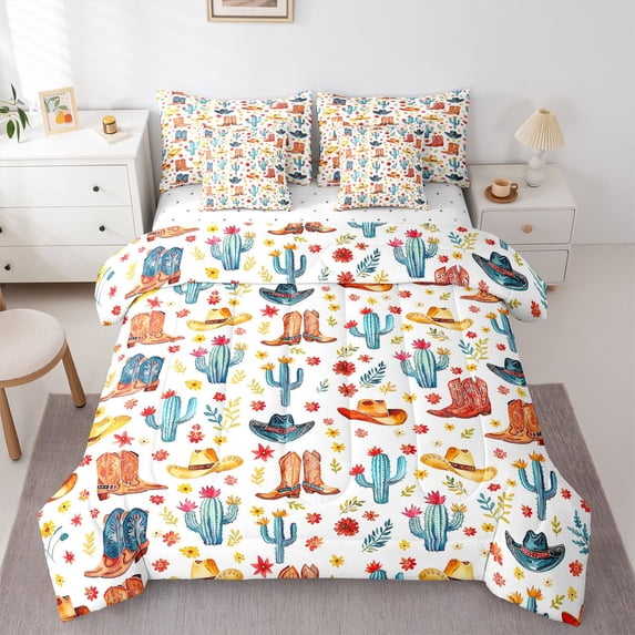 Homewish Western Cowboy Boots 7-Piece King Bedding,Plants Cactus King Bed in a Bag,Brown Blue,Reversible