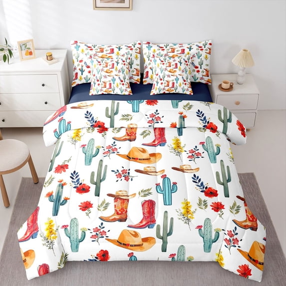 Homewish Western Cowboy Boots 7-Piece Twin Bedding,Floral Cactus Bedding Comforter Set,Blue Brown,Navy Blue Reversible