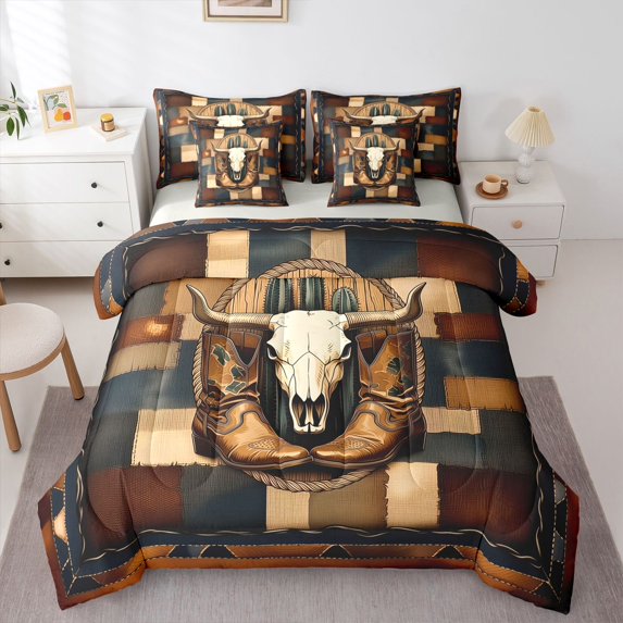 Homewish Western Cowboy Boots 7-Piece Twin Bedding,Rustic Bull Skull Bedding Comforter Set,Brown Navy,Light Gray Reversible
