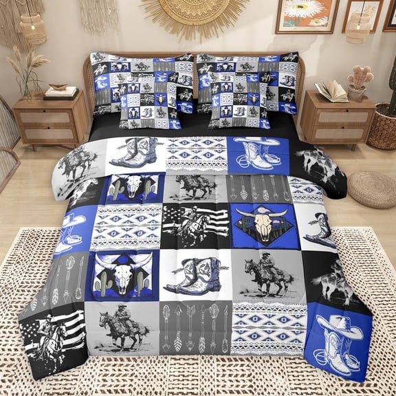 Homewish Western Cowboy Boots 7-Piece Twin Bedding Sets,Rustic Farmhouse Horse Bedding Comforter Set,Patchwork Geometric Plaid Sheet Sets For Boys Teens,Microfiber Bedroom Decor Reversible