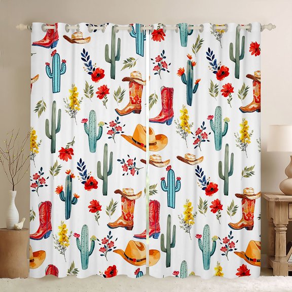 Homewish Western Cowboy Boots Blackout Curtains Set of 2 (52x84 Each),Floral Cactus Curtain,Blue Brown