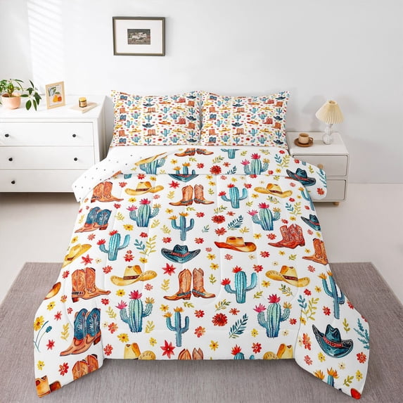 Homewish Western Cowboy Boots Full Size Comforter Sets,Plants Cactus Bedding Comforter Set,Brown Blue,Reversible,3-Piece,1 Comforter and 2 Pillowcases