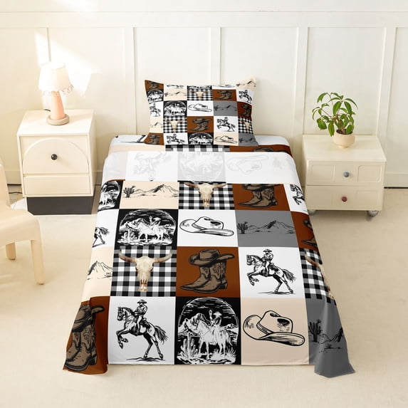 Homewish Western Cowboy Checkered Twin Sheets,American Wild West Scenery Bedding,3pcs,1 Fitted Sheet and 1 Pillowcase