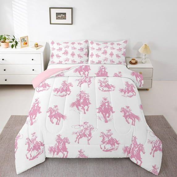 Homewish Western Cowboy Cowgirl 3 Pieces Queen Comforter Set for Kids Children Teens,Pink White Ultra Soft Bedding Sets,Exotic Style Bedding Comforter Set Breathable,Lightweight Room Decor