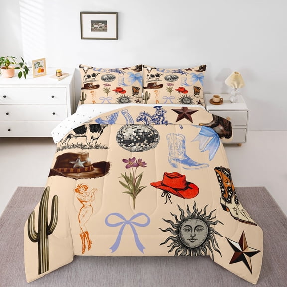 Homewish Western Cowboy Cowgirl 3 Pieces Queen Comforter Set for Teens Female Girls,Old Fashion Disco Ball Ultra Soft Bedding Sets,Retro Vintage Bedding Comforter Set,Super Cozy Room Decor