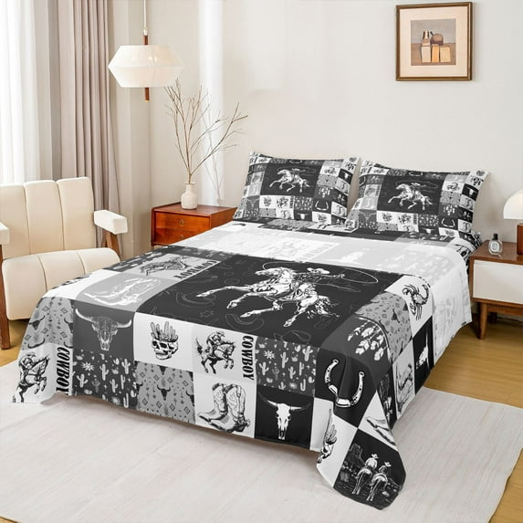 Homewish Western Cowboy Cowgirl Bed Sheets, Black Grey Patchwork King Sheets, Rustic Farmhouse Sheet Set, Ultra Soft Bedroom Decor, 4 Pieces