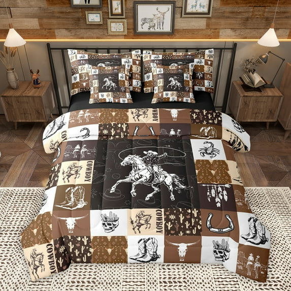 Homewish Western Cowboy Cowgirl Bedding Comforter Set 7 Pieces, Brown Buffalo Patchwork Full Bedding Set, Rustic Farmhouse Reversible Fitted Sheet Flat Sheet, Luxury Bedroom Decor