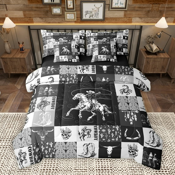 Homewish Western Cowboy Cowgirl Bedding Comforter Set 7pcs, Black Grey Patchwork King Bedding Sets, Rustic Farmhouse Reversible Bed Sheets, Ultra Soft Bedroom Decor