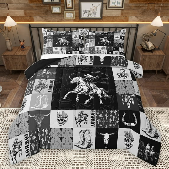 Homewish Western Cowboy Cowgirl Full Size Comforter Sets, Black Grey Patchwork Bedding Comforter Set, Rustic Farmhouse Reversible Bedding Sets, Ultra Soft Bedroom Decor, 3 Pieces